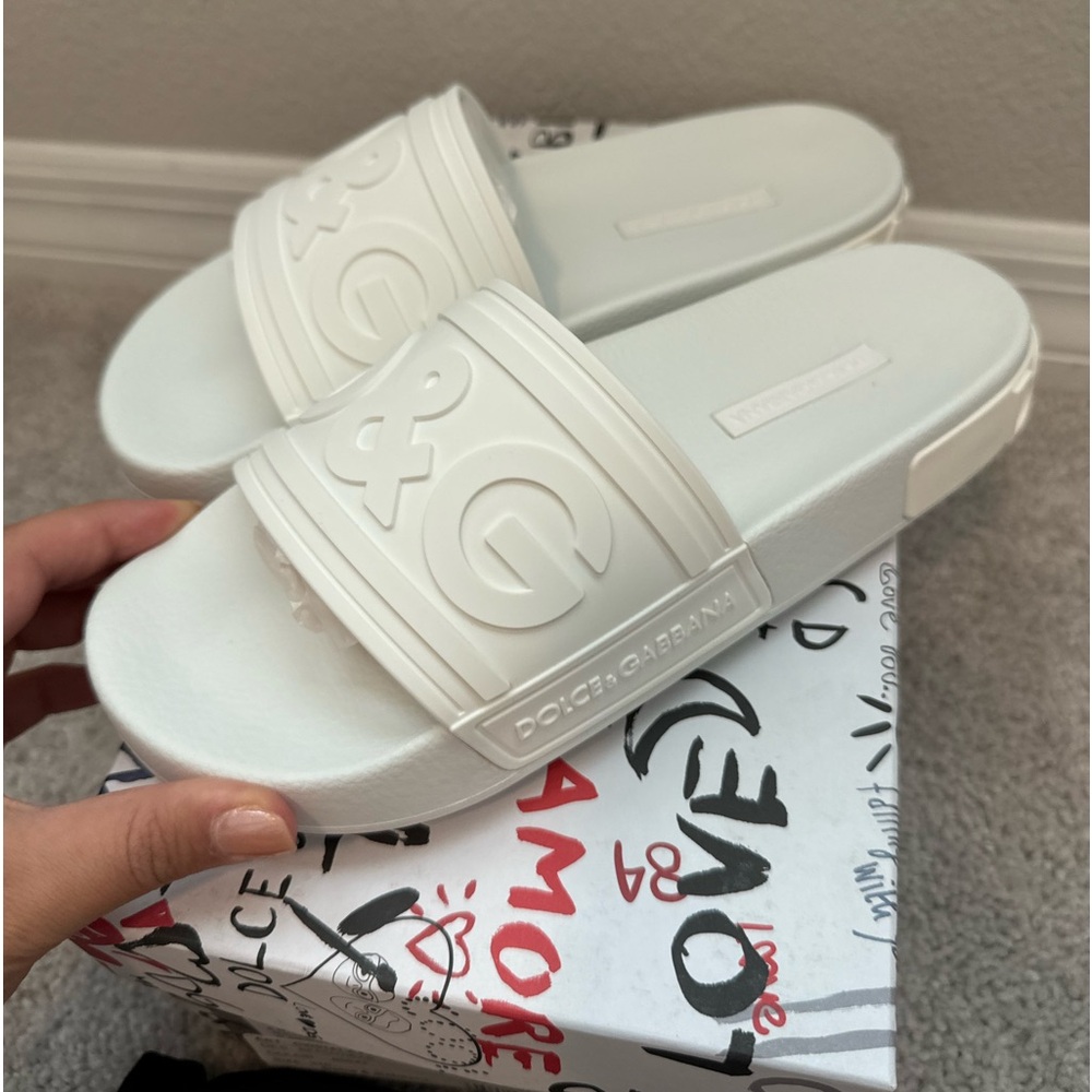 Dolce & Gabbana White Logo Rubber Slide Sandals